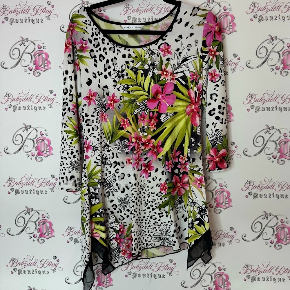 Peter Nygard too cheetah leopard tropical flowers Pink and Green Floral Blouse